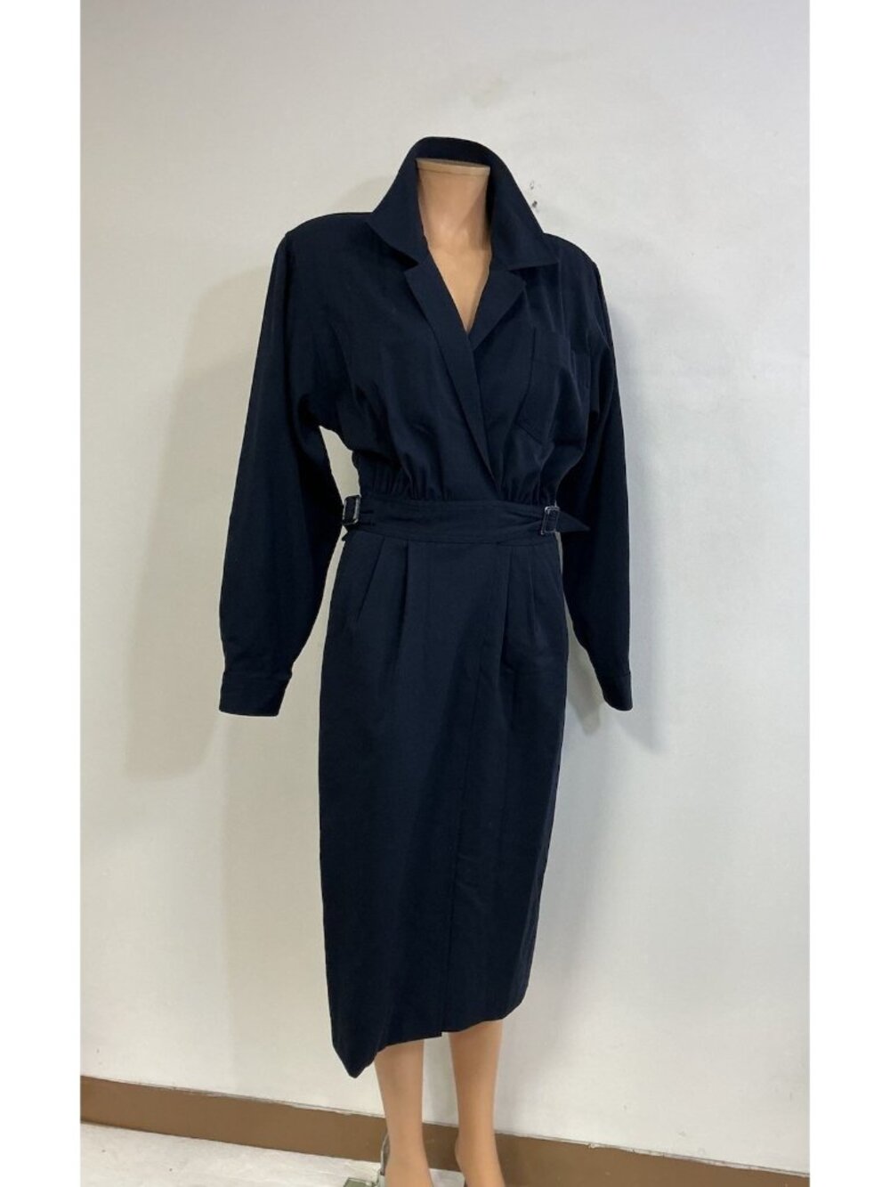 Filenes Vintage Wool Maxi Dress Navy Blue Side Pockets Womens 12